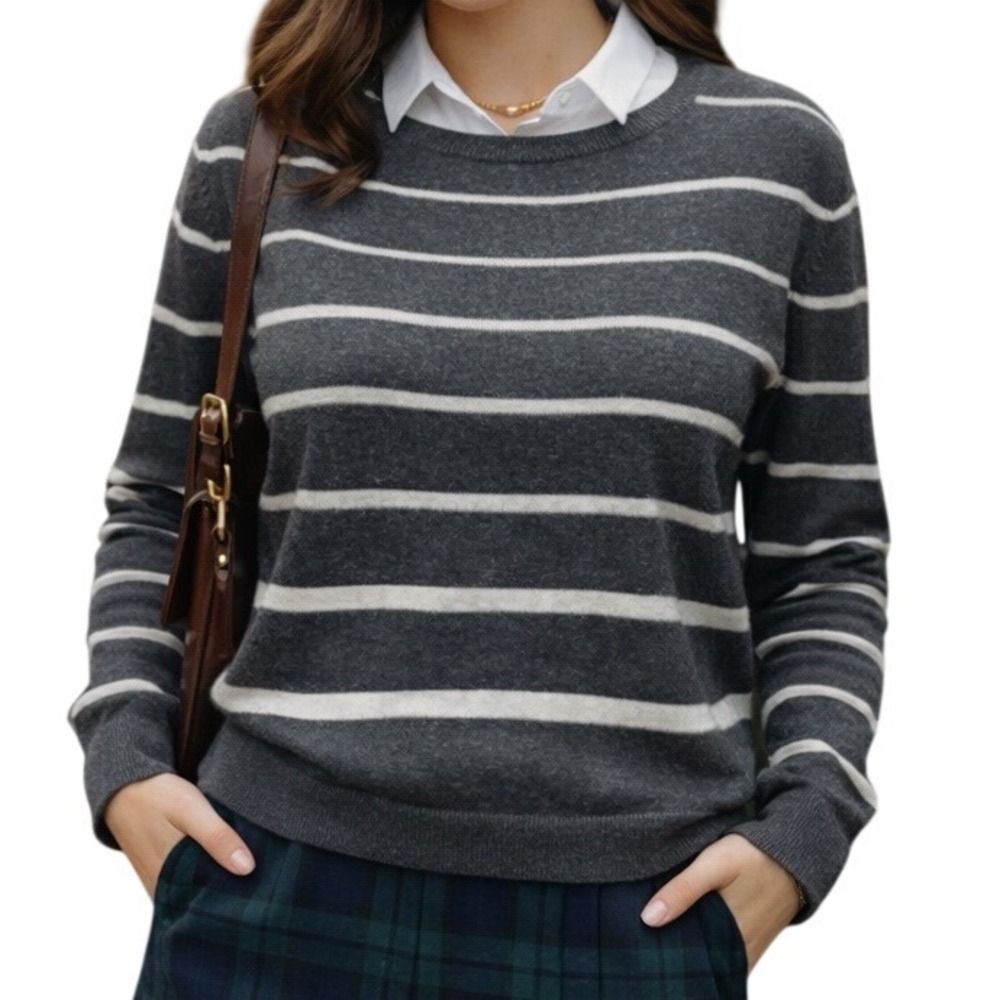 C&C California Womens Size S Grey White Striped Merino Wool Blend Sweater Preppy